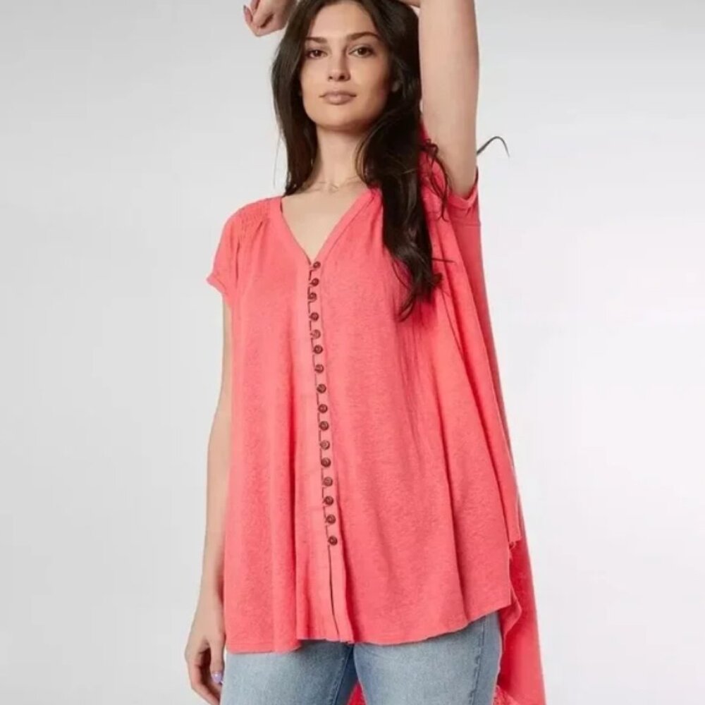 Free People "Highland" Pink Button-Front Linen Tunic